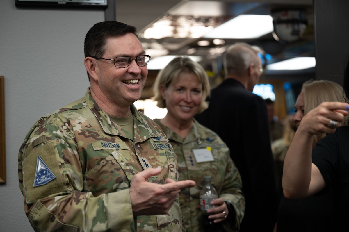 U.S. Space Force Chief of Space Operations Gen. Chance Saltzman converses with U.S. Air Force Weapons School Guardians at Nellis Air Force Base, Nevada, May 16, 2024.