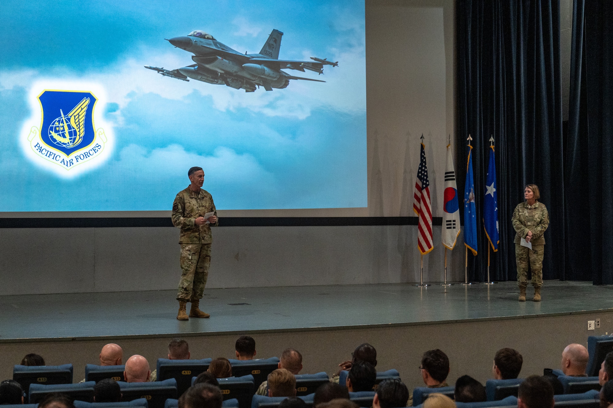 Gen. Schneider and Chief McCool speak to members of the 8th Fighter Wing.