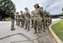 CCoE Commanding General Maj. Gen. Paul Stanton provides some mentorship to Advanced Individual Training Soldiers prior to speaking at the Military Order of World Wars Memorial Day event in Augusta, Ga.