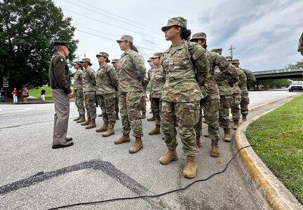 CCoE Commanding General Maj. Gen. Paul Stanton provides some mentorship to Advanced Individual Training Soldiers prior to speaking at the Military Order of World Wars Memorial Day event in Augusta, Ga.