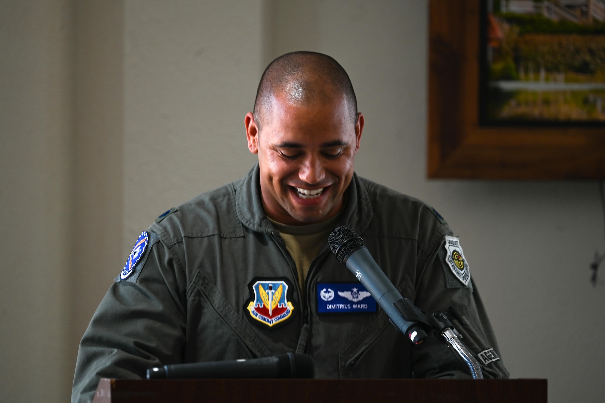 U.S. Air Force Lt. Col. Dimitrius Ward, 36th Electronic Warfare Squadron commander, gives his first remarks after assuming command at Eglin Air Force Base, Florida, May 23, 2024. The 36th EWS provides mission data files to the combat air forces fighter fleet, allowing aircraft to sense, identify, locate, and counter threats in the Electromagnetic Spectrum. (U.S. Air Force photo by Capt. Benjamin Aronson)