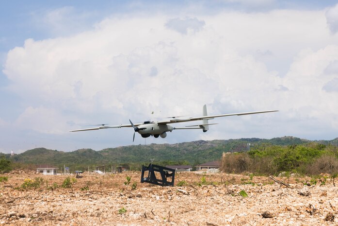 A Stalker VXE30 unmanned aerial system performs a vertical take-off during the Littoral Zone Reconnaissance Cobra exercise for Archipelagic Coastal Defense Continuum at Camp Cape Bojeador, Philippines, May 20, 2024. LZR Cobra is a bilateral command post exercise between the U.S. Marines with 3rd MLR and the Philippine Marines with the Coastal Defense Regiment and 4th Marine Brigade aimed at enhancing interoperability, refining tactics, techniques, and procedures, and supporting the combined and joint force maritime domain awareness. ACDC is a series of bilateral exchanges and training opportunities between U.S. Marines and Philippine Marines aimed at bolstering the Philippine Marine Corps’ Coastal Defense strategy while supporting the modernization efforts of the Armed Forces of the Philippines. (U.S. Marine Corps photo by Cpl. Eric Huynh)