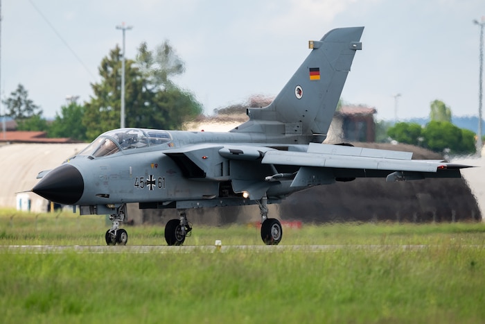 A German Air Force PA-200 Tornado fighter aircraft arrives at Spangdhalem Air Base, Germany ahead of a flyover to mark the 50th anniversary of the F-16 Fighting Falcon and Tornado fighter aircrafts' first flights at Spangdahlem AB, May 22, 2024.