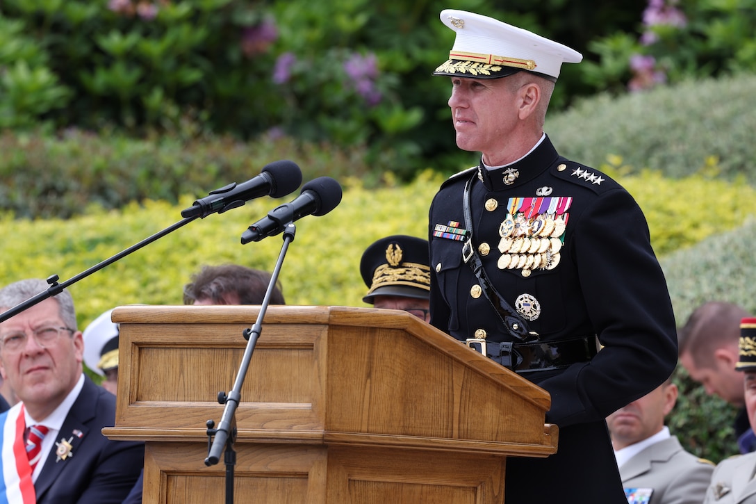 U.S. Marine Corps Gen. Eric Smith, Commandant of the Marine Corps, gives his remarks during the 2024 Belleau Wood Ceremony at the Aisne-Marne American Cemetery and Memorial, France, May 26, 2024. The memorial ceremony was held in commemoration of the 106th anniversary of the battle of Belleau Wood, conducted to honor the legacy of service members who gave their lives in defense of the United States and European allies. (U.S. Marine Corps photo by Lance Cpl. Garrett Gillespie)