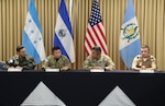 From left: Honduran Army Col. Marco Lanza, Salvadoran Army Col. Mario Figueroa,  U.S. Army Maj. Gen. David Mikolaities, New Hampshire National Guard adjutant general, and Guatemalan Naval Capt. Hector Ortiz reaffirmed their shared commitment to regional security and renewed partner-nation engagement and training opportunities during a multinational forum in San Salvador, El Salvador, May 21, 2024. The forum, hosted by U.S. Army South, served as the 19th edition of the U.S.-El Salvador army-to-army staff talks and the fifth Central American Working Group to enhance interoperability among American, Salvadoran, Guatemalan and Honduran armies.