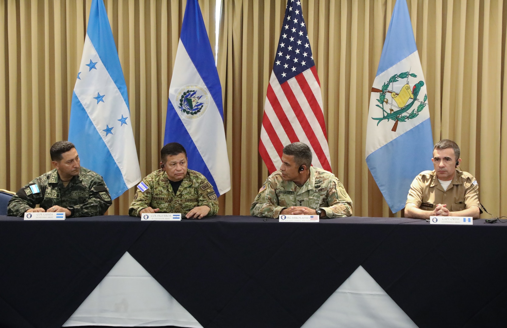 From left: Honduran Army Col. Marco Lanza, Salvadoran Army Col. Mario Figueroa,  U.S. Army Maj. Gen. David Mikolaities, New Hampshire National Guard adjutant general, and Guatemalan Naval Capt. Hector Ortiz reaffirmed their shared commitment to regional security and renewed partner-nation engagement and training opportunities during a multinational forum in San Salvador, El Salvador, May 21, 2024. The forum, hosted by U.S. Army South, served as the 19th edition of the U.S.-El Salvador army-to-army staff talks and the fifth Central American Working Group to enhance interoperability among American, Salvadoran, Guatemalan and Honduran armies.