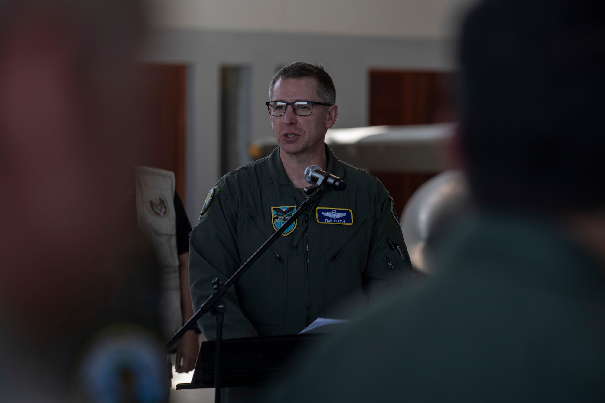 U.S. Air Force Maj. Gen. Evan Pettus, 12th Air Force commander, addresses the attendees of the Resolute Sentinel 2024 opening ceremony at Grupo 4 in La Joya, Peru, May 27, 2024.