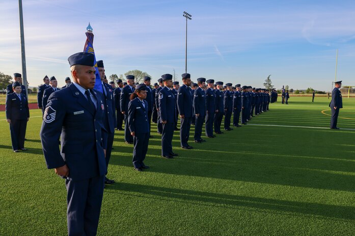 U.S. Air Force Master Sgt. Alvin De Leon, 9th Civil Engineer Squadron electrical systems section chief, prepares for the 9th Mission Support Group open ranks inspection at Beale Air Force Base, California, April 10, 2024.