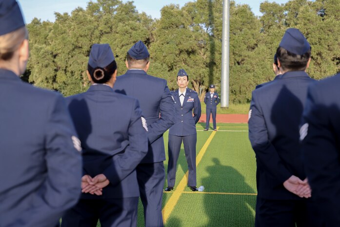 U.S. Air Force Lt. Col. Melissa Day, 9th Force Support Squadron commander, oversees the 9th FSS during the 9th Mission Support Group open ranks inspection at Beale Air Force Base, California, April 10, 2024.
