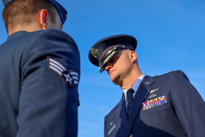 U.S. Air Force Maj. Joshua Larson, 9th Communications Squadron commander, inspects members of the 9th CS during the 9th Mission Support Group open ranks inspection at Beale Air Force Base, California, April 10, 2024.
