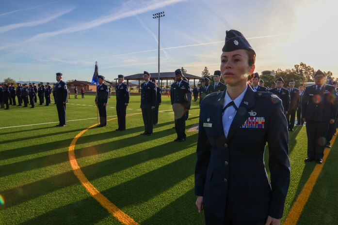 U.S. Air Force Lt. Col. Melissa Day, 9th Force Support Squadron commander, oversees the 9th FSS during the 9th Mission Support Group open ranks inspection at Beale Air Force Base, California, April 10, 2024.