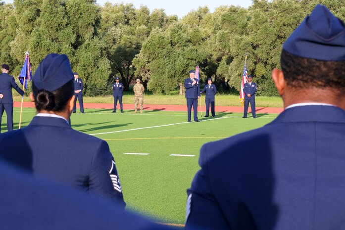 U.S. Air Force Col. James Peterson, 9th Mission Support Group commander, discusses the reason open ranks are held during the 9th MSG open ranks inspection at Beale Air Force Base, California, April 10, 2024.