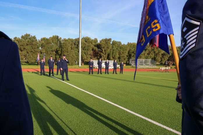 U.S. Air Force Col. James Bartran, 9th Reconnaissance Wing deputy commander, discusses the reason open ranks are held during the 9th Mission Support Group open ranks inspection at Beale Air Force Base, California, April 10, 2024.