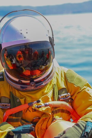U.S. Air Force 9th Reconnaissance Wing U-2 Dragon Lady pilot, waits on the boat for training to begin in San Francisco Bay, California, April 30, 2024.