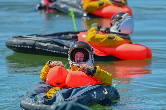 U.S. Air Force 9th Reconnaissance Wing U-2 Dragon Lady pilot, waits in the water for the training to officially begin in San Francisco Bay, California, April 30, 2024.