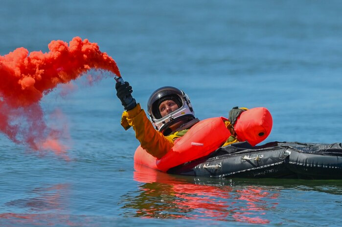 U.S. Air Force 9th Reconnaissance Wing U-2 Dragon Lady pilot utilizes a flare to signal to the rescue helicopter in San Francisco Bay, California, April 30, 2024.