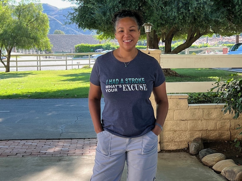 Maj. Chelsea Johnson shares her humorous side with her shirt, stating, “I had a stroke. What’s your excuse?”