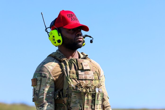 U.S. Air Force Senior Airman Johnathan Gibbs, 9th Security Forces Squadron combat arms instructor, observes during M110A1 rifle training at Beale Air Force Base, California, April 11, 2024.