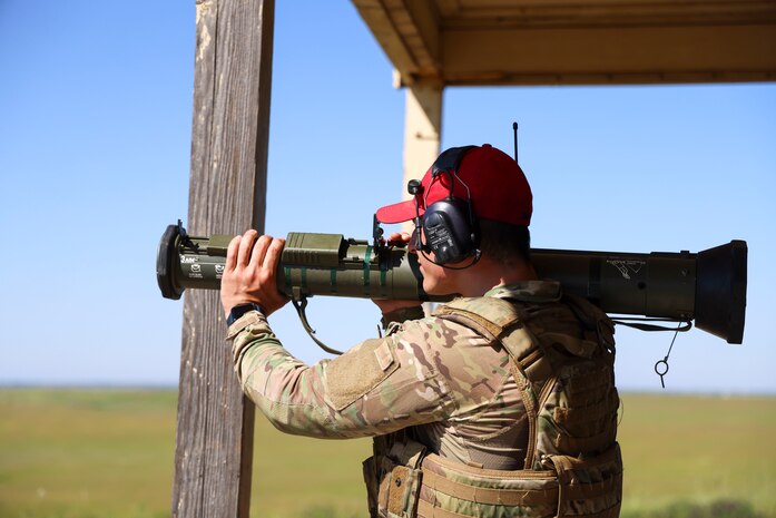 U.S. Air Force Staff Sgt. Michael Ionin, 9th Security Forces Squadron NCO in charge of combat arms, trains with the AT4 Anti Tank Launcher at Beale Air Force Base, California, April 11, 2024.