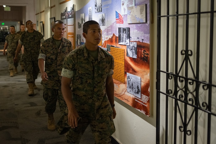 New Marines of Fox Company, 2nd Recruit Training Battalion, learn about the history of the Marine Corps during their visit to the Marine Corps Recruit Depot San Diego Command Museum, MCRD San Diego, California, May 22,2024. The MCRD Museum opened its doors in 1987 and is focused on the history of the Marine Corps in the 20th and 21st centuries. (U.S. Marine Corps photo by Lance Cpl. Jacob B. Hutchinson)