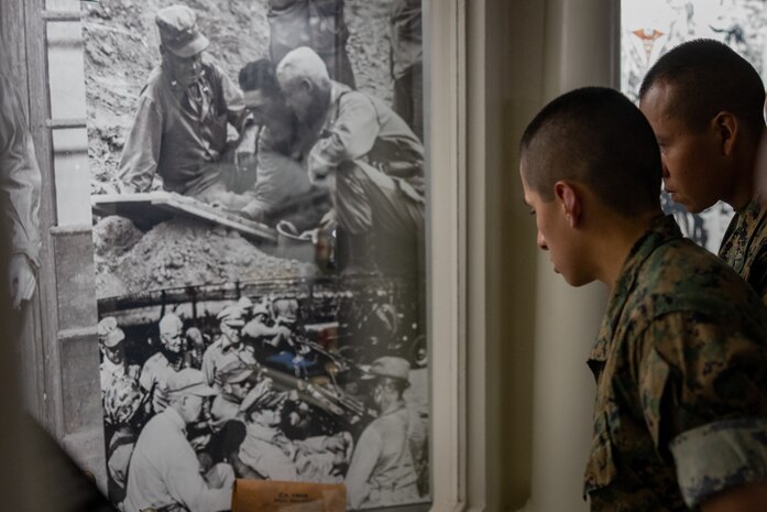 New Marines of Fox Company, 2nd Recruit Training Battalion, learn about the history of the Marine Corps during their visit to the Marine Corps Recruit Depot San Diego Command Museum, MCRD San Diego, California, May 22,2024. The MCRD Museum opened its doors in 1987 and is focused on the history of the Marine Corps in the 20th and 21st centuries. (U.S. Marine Corps photo by Lance Cpl. Jacob B. Hutchinson)