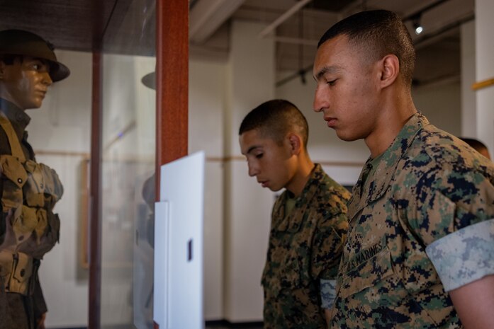 New Marines of Fox Company, 2nd Recruit Training Battalion, learn about the history of the Marine Corps during their visit to the Marine Corps Recruit Depot San Diego Command Museum, MCRD San Diego, California, May 22,2024. The MCRD Museum opened its doors in 1987 and is focused on the history of the Marine Corps in the 20th and 21st centuries. (U.S. Marine Corps photo by Lance Cpl. Jacob B. Hutchinson)