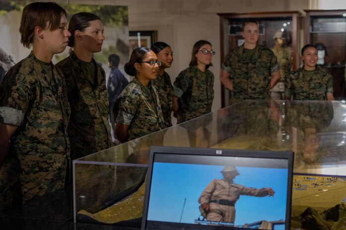 New Marines of Fox Company, 2nd Recruit Training Battalion, learn about the history of the Marine Corps during their visit to the Marine Corps Recruit Depot San Diego Command Museum, MCRD San Diego, California, May 22,2024. The MCRD Museum opened its doors in 1987 and is focused on the history of the Marine Corps in the 20th and 21st centuries. (U.S. Marine Corps photo by Lance Cpl. Jacob B. Hutchinson)