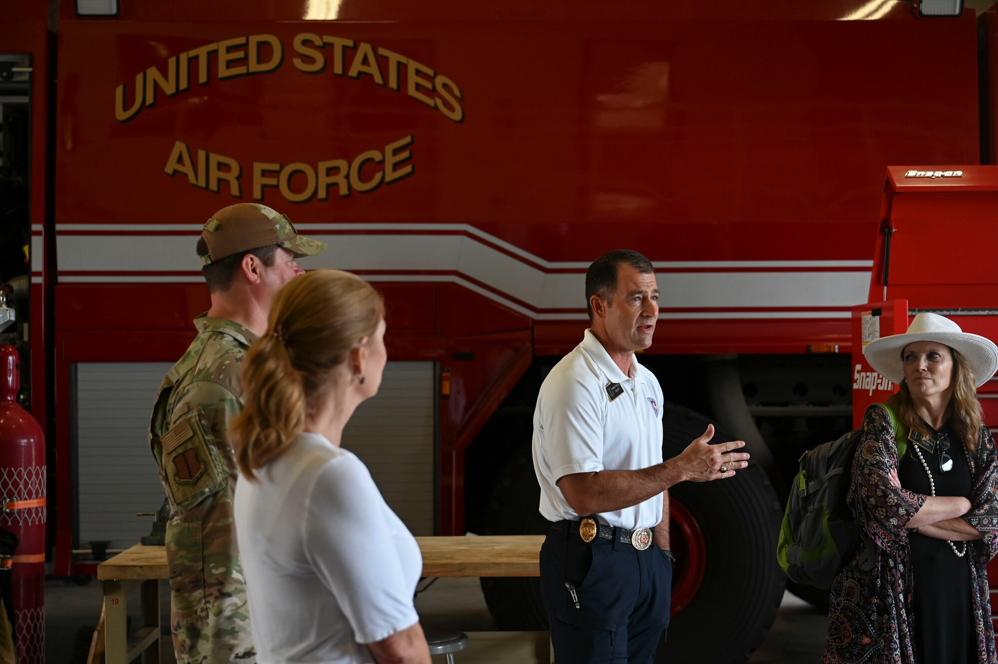 Patrick Brody, 17th Training Wing honorary commander, explains the relationship between the San Angelo Fire Department and the Goodfellow Air Force Fire Department during the 17th Mission Support Group immersion at Goodfellow Air Force Base, Texas, May 23, 2024. The partnership focuses on training, equipment maintenance, and education to meet safety standards both on and off the base. (U.S. Air Force photo by Airman 1st Class Madison Collier)