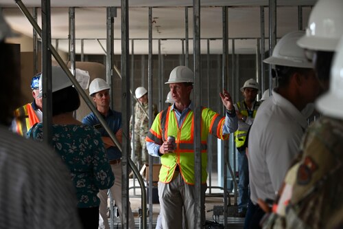 Lance Overstreet, assigned to the 17th Civil Engineer Squadron, briefs 17th Training Wing honorary commanders on dormitory renovation processes during the 17th Mission Support Group immersion at Goodfellow Air Force Base, Texas, May 23, 2024. The mission for the 17th CES is to provide the quality facilities, infrastructure, and customer service necessary to produce fire protection and intelligence, surveillance and reconnaissance professionals. (U.S. Air Force photo by Airman 1st Class Madison Collier)