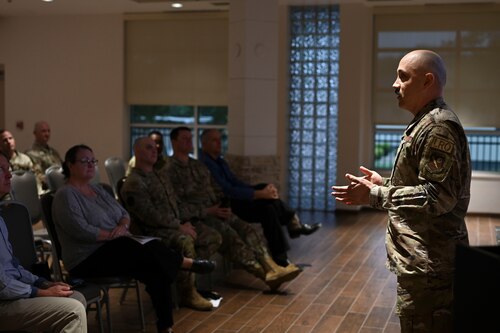 U.S. Air Force Lt. Col. Jose Quintanilla, 17th Logistics Readiness Squadron commander, explains daily operations of the 17th LRS to 17th Training Wing honorary commanders during the 17th Mission Support Group immersion at Goodfellow Air Force Base, Texas, May 23, 2024. Honorary commanders met with leadership from the 17th Security Forces, Communications, Contracting, Logistics Readiness, Force Support, and Civil Engineering Squadrons, highlighting each squadron's contributions to Goodfellow's mission and interactions with the San Angelo community. (U.S. Air Force photo by Airman 1st Class Madison Collier)