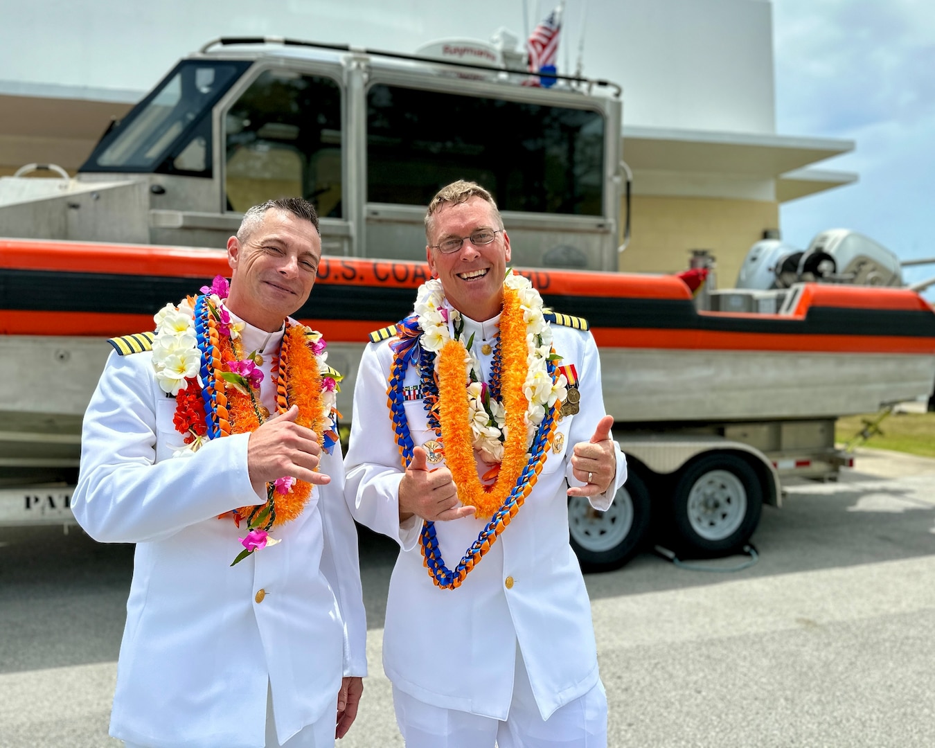 Capt. Rob Kistner takes command of U.S. Coast Guard Forces Micronesia Sector Guam from Capt. Nick Simmons in a change of command ceremony at Victor Pier in Apra Harbor, Guam, on May 23, 2024. Rear Adm. Michael Day, U.S. Coast Guard 14th District commander, presided over the ceremony. Hailing from Tallahassee, Florida, Capt. Simmons leaves Guam to rejoin the staff at U.S. Coast Guard Headquarters as the chief of the Office of Budget and Programs (CG-82). Capt. Rob Kistner, a native of Rochester, New York, joins the Forces Micronesia team after serving as the chief of Prevention for the U.S. Coast Guard 14th District. (U.S. Coast Guard photo by Chief Warrant Officer Sara Muir)