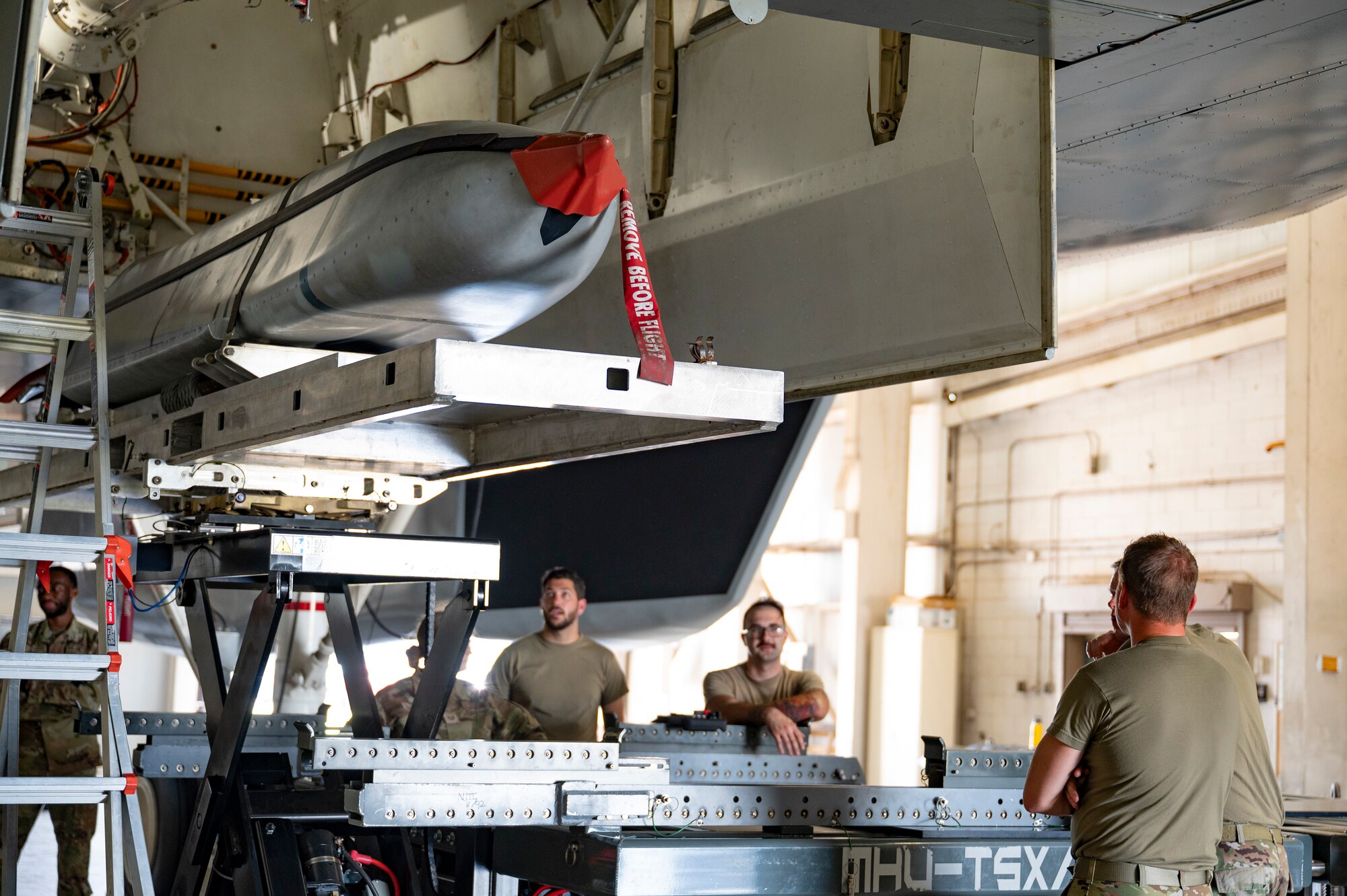 A Munition Handling Unit - Tri-Spear X is tested at Dyess Air Force Base, Texas, May 21, 2024. A team from Air Force Global Strike Command tested and demonstrated the capabilities of the trailer prototype to evolve from the current fleet of munitions trucks, allowing increased capacity for heavier munitions. (U.S. Air Force photo by Airman 1st Class Emma Anderson)