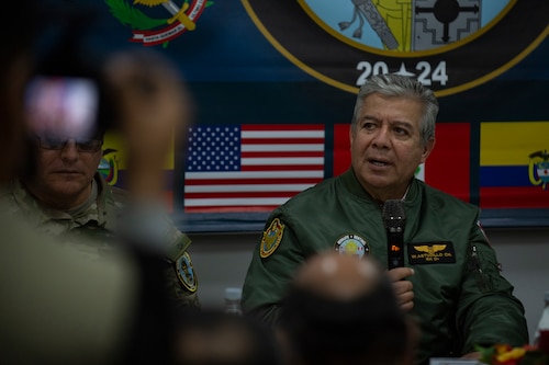 Peruvian Minister of Defense Walter Astudilo Chavez answers questions at a press conference during the opening ceremony of Resolute Sentinel 2024 at Grupo 4 in La Joya, Peru, May 27, 2024.