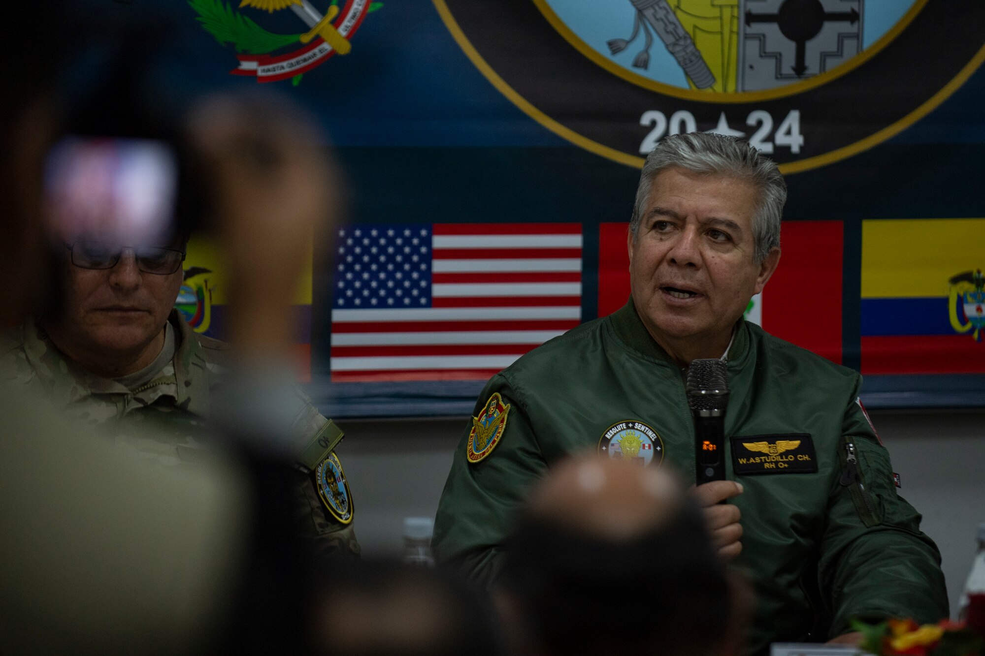 Peruvian Minister of Defense Walter Astudilo Chavez answers questions at a press conference during the opening ceremony of Resolute Sentinel 2024 at Grupo 4 in La Joya, Peru, May 27, 2024.