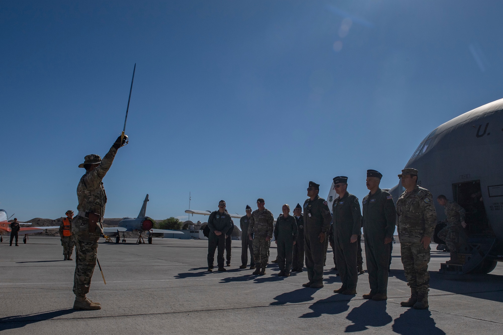 A Peruvian military honor guardsman welcomes distinguished visitors to the opening ceremony of Resolute Sentinel 2024 at Grupo 4 in La Joya, Peru, May 27, 2024.