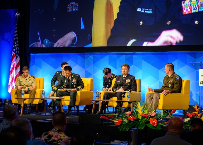 Gen. Charles A. Flynn, Commander, U.S. Army Pacific, Gen. Yasunori Morishita, Chief of Staff, Japan Ground Self-Defense Force, Gen. An Su Park, Chief of Staff, Republic of Korea Army, and Lt. Gen. Simon Stuart, Chief of Army, Australia present their armies' positions on security issues during an international panel at the Landpower in the Pacific conference in Honolulu, Hawaii, May 15, 2024.