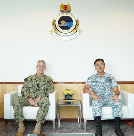 Adm. Stephen Koehler, commander, U.S. Pacific Fleet, left, meets with Rear Adm. Sean Wat, Republic of Singapore Chief of Navy, at the Singapore Fleet Headquarters on Changi Naval Base, May 23, 2024. The visit to Singapore underscored the United States’ commitment to strengthening alliances and partnerships for an enduring resilient, free and open Indo-Pacific. (Photo courtesy of the Republic of Singapore Navy)
