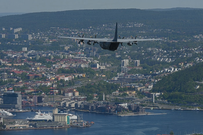 A C-130J Super Hercules assigned to Little Rock Air Force Base, Arkansas, flies over Oslo, Norway, May 13, 2024. Collaboration is at the core of the C-130J's mission. Designed with interoperability in mind, it seamlessly integrates with Allied forces, facilitating joint operations and enhancing military cooperation.