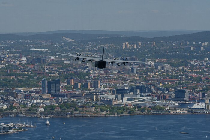 A C-130J Super Hercules assigned to Little Rock Air Force Base, Arkansas, flies over Oslo, Norway, May 13, 2024. The C-130J Super Hercules serves as a cornerstone of strategic collaboration among Allies. Collaboration is at the core of the C-130J's mission. Designed with interoperability in mind, it seamlessly integrates with Allied forces, facilitating joint operations and enhancing military cooperation.