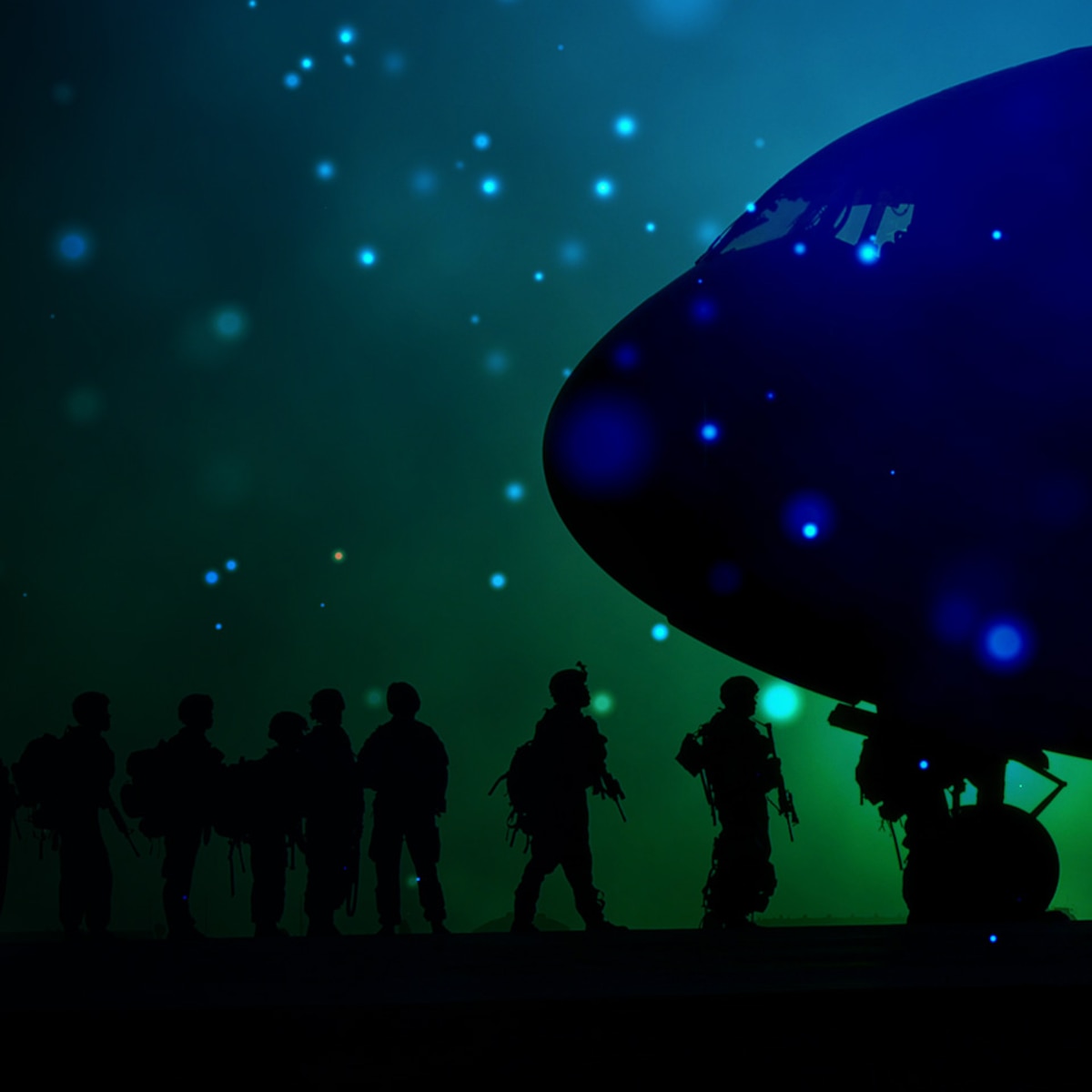 Modified illustration of a deployment line of soldiers boarding a C-17 [image is not public domain].