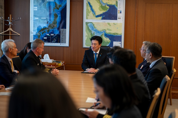 From the left, Adm. Samuel Paparo, U.S. Indo-Pacific Command commander, talks to Kihara Minoru, Japan minister of defense during a visit to the Ministry of Defense in Tokyo, Japan, May 29, 2024. Paparo visited the Japanese prime minister, defense minister, foreign minister, and other Government of Japan officials as part of his first visit to the country since becoming commander of U.S. Indo-Pacific command. USINDOPACOM is committed to enhancing stability in the Indo-Pacific region by promoting security cooperation, encouraging peaceful development, responding to contingencies, deterring aggression, and, when necessary, fighting to win. (U.S. Air Force photo by Airman 1st Class Jarrett Smith)