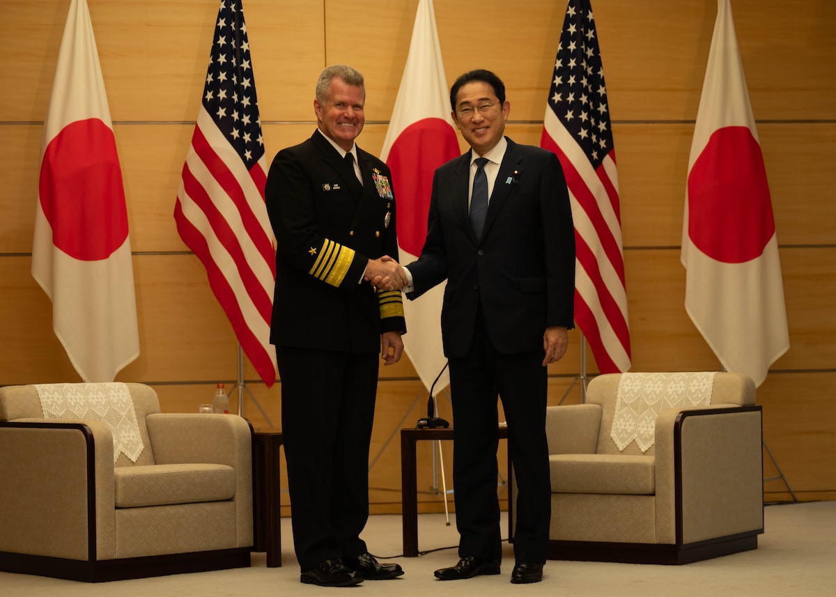 Adm. Samuel Paparo, left, U.S. Indo-Pacific Command commander, shakes hands with Fumio Kishida, Japan prime minister, during a visit to the Prime Minister’s Office of Japan in Tokyo, Japan, May 29, 2024. Paparo visited the Japanese prime minister, defense minister, foreign minister, and other Government of Japan officials as part of his first visit to the country since becoming commander of U.S. Indo-Pacific command. USINDOPACOM is committed to enhancing stability in the Indo-Pacific region by promoting security cooperation, encouraging peaceful development, responding to contingencies, deterring aggression, and, when necessary, fighting to win. (U.S. Air Force photo by Airman 1st Class Jarrett Smith)