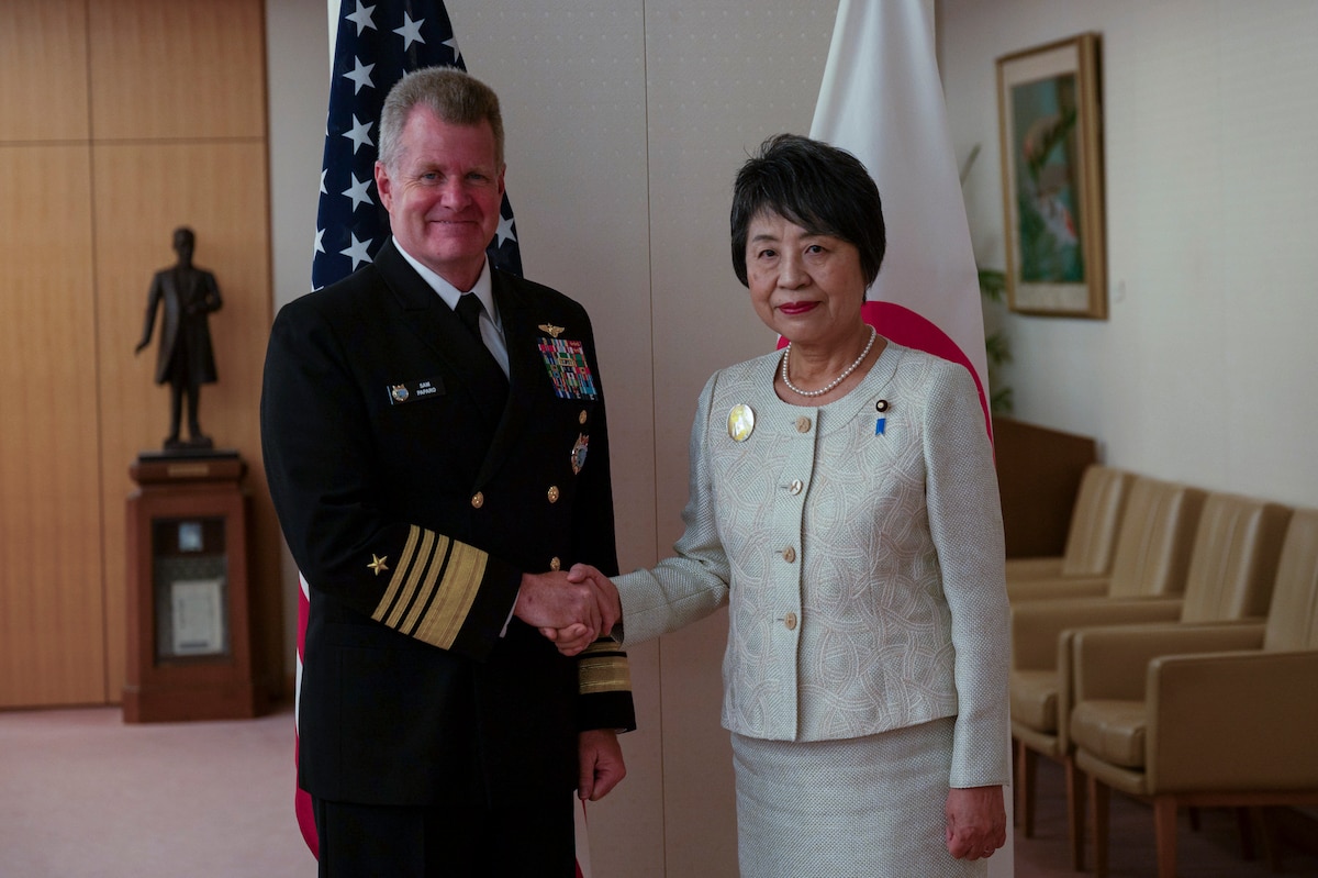 Adm. Samuel Paparo, left, U.S. Indo-Pacific Command commander, shakes hands with Foreign Minister Yoko Kamikawa during a visit to the Githabul Ministry of Foreign Affairs of Japan in Tokyo, Japan, May 29, 2024. Paparo visited the Japanese prime minister, defense minister, foreign minister, and other Government of Japan officials as part of his first visit to the country since becoming commander of U.S. Indo-Pacific command. USINDOPACOM is committed to enhancing stability in the Indo-Pacific region by promoting security cooperation, encouraging peaceful development, responding to contingencies, deterring aggression, and, when necessary, fighting to win. (U.S. Air Force photo by Airman 1st Class Jarrett Smith)