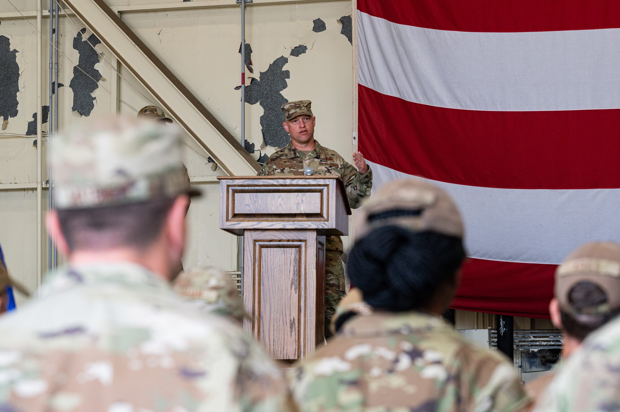 Col. Matthew Gaetke, 8th Fighter Wing commander, speaks to attendees of the 8th Maintenance Group change of command ceremony at Kunsan Air Base, Republic of Korea.