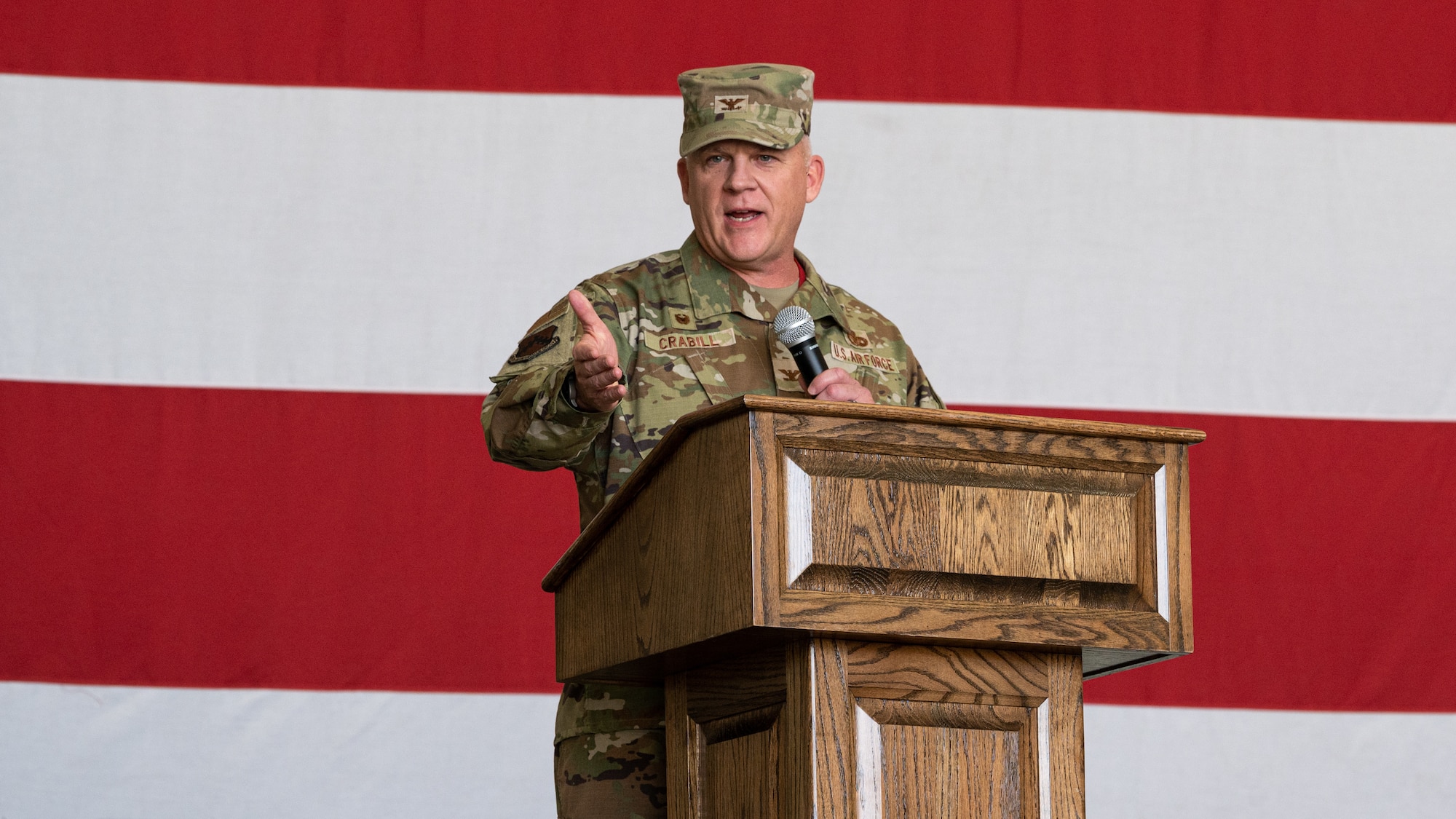 Col. Casey Crabill, 8th Maintenance Group incoming commander, speaks during the 8th MXG change of command ceremony at Kunsan Air Base, Republic of Korea.