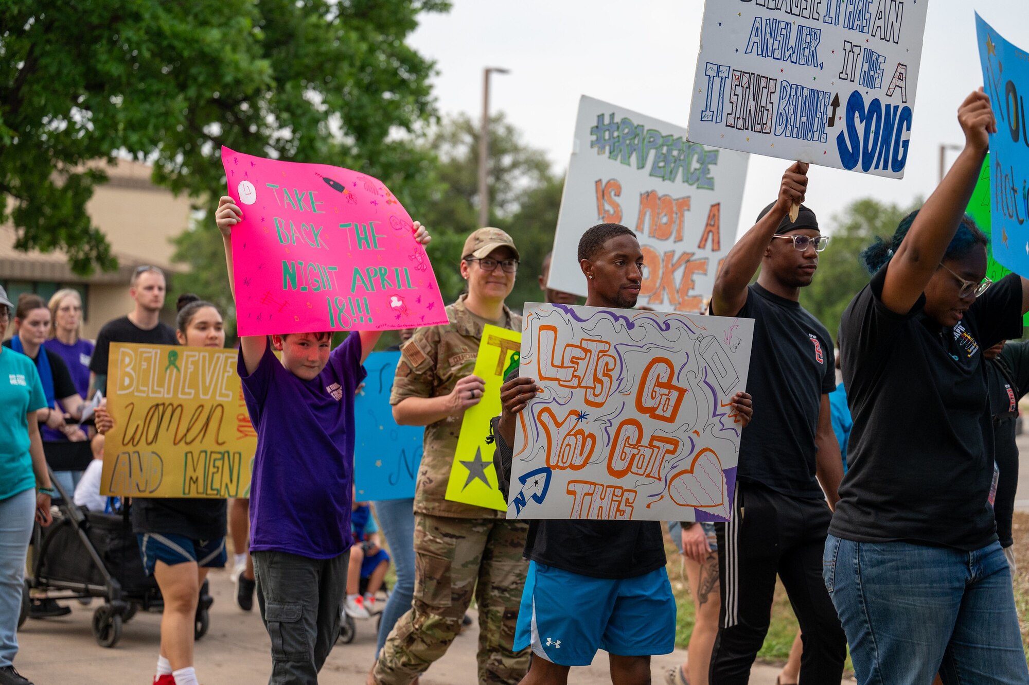 37th Training Wing Commander, Col. Lauren Courchaine provided opening remarks during the Take Back the Night event on Joint Base San Antonio-Lackland on April 18, 2024. Students from the 37th Training Wing and community members from JBSA joined together to stand against sexual violence. Courchaine is changing command May 30 and will move into her new role as the Senior Military Assistant to the Under Secretary of the Air Force at the Pentagon, Washington D.C. (U.S. Air Force photo by 2nd Lt. Kate Anderson)