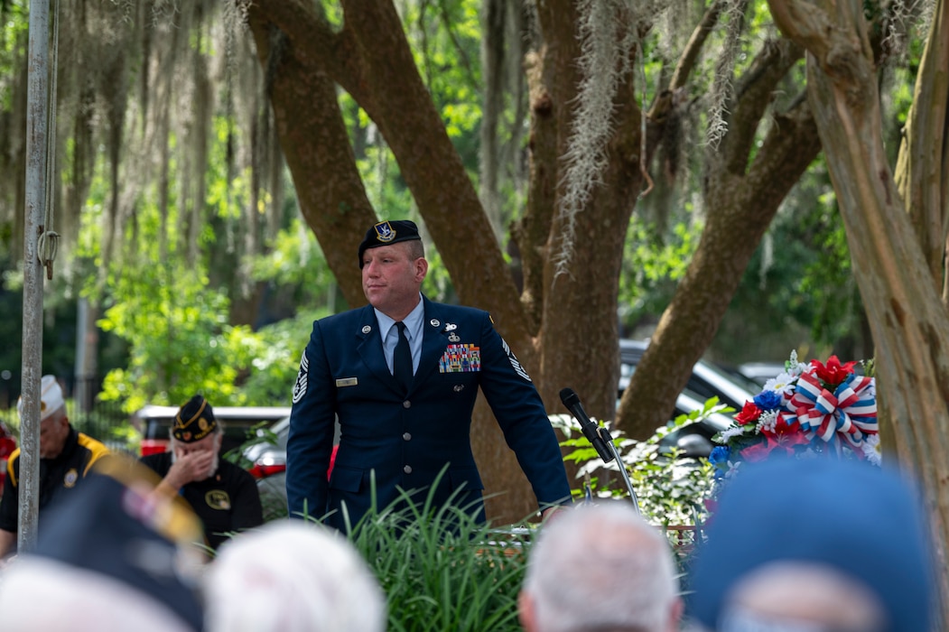 U.S. Air Force Chief Master Sgt. Justin Geers, 23rd Wing command chief, speaks at a Memorial Day ceremony at Sunset Hill Cemetery in Valdosta, Georgia, May 27, 2024. American Legion Post 13 holds an annual Memorial Day service to commemorate those who gave their lives in the line of duty. (U.S. Air Force photo by Airman 1st Class Leonid Soubbotine)