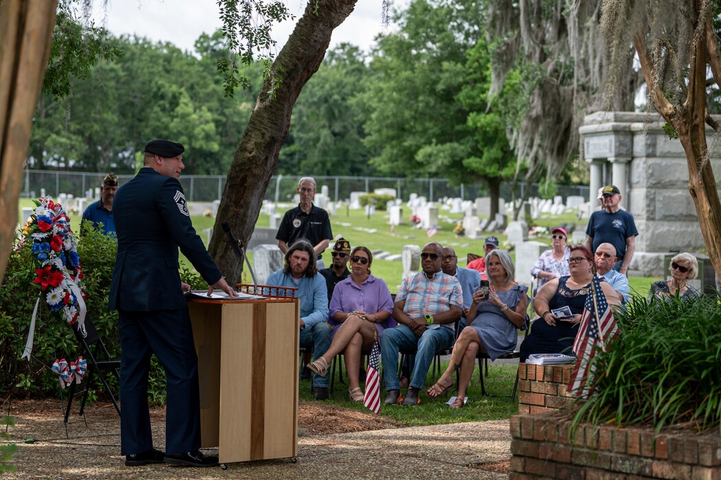 U.S. Air Force Chief Master Sgt. Justin Geers, 23rd Wing command chief, speaks at a Memorial Day ceremony at Sunset Hill Cemetery in Valdosta, Georgia, May 27, 2024. Memorial Day provides a solemn opportunity to remember our troops and reflect upon their sacrifice. (U.S. Air Force photo by Airman 1st Class Leonid Soubbotine)
