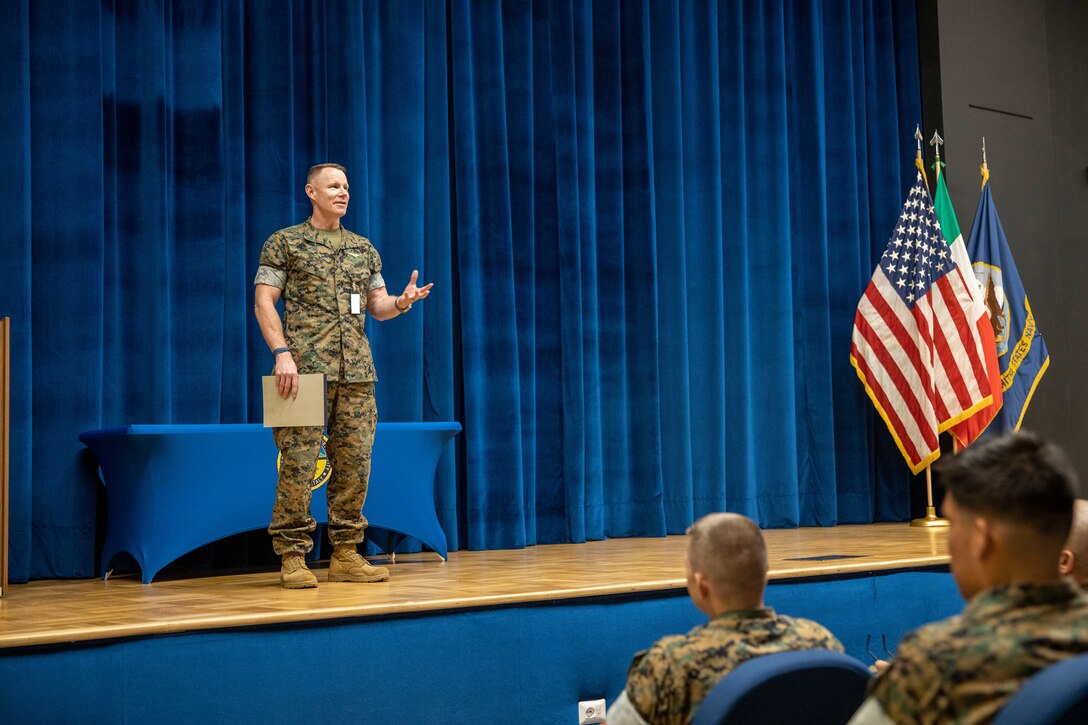 U.S. Marine Corps Brig. Gen. Samuel L. Meyer, the commanding general of Task Force 61/2 (TF 61/2), introduces himself to the Marines and sailors of TF 61/2 at Naval Support Activity Naples, Italy, May 28, 2024. TF 61/2 is a forward-deployed command element in support of U.S. Sixth Fleet operations in the U.S. European Command and U.S. Africa Command, and is deployed in the U.S. Naval Forces Europe area of operations, employed by U.S. Sixth Fleet to support U.S. allied and partner interests. (U.S. Marine Corps photo by Cpl. Marc Imprevert)