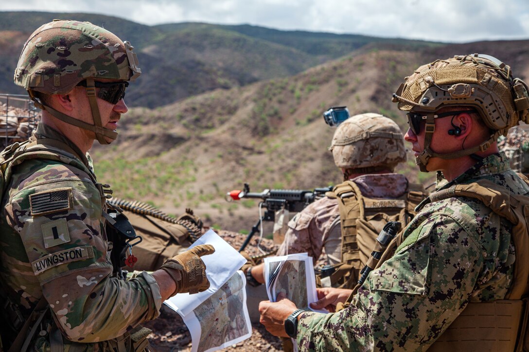 Soldiers from the 56th Stryker Brigade Combat Team, who are deployed to Africa in support of Combined Joint Task Force-Horn of Africa conduct a Joint Light Leaders Course for other service members May 9, 2024, at Camp Lemonnier Djibouti. The five-day course introduced service members from all branches to basic infantry skills including, conducting an ambush, knot tying, mission planning, and small unit tactics. (U.S. Army National Guard photo by Capt. Owen Dietrich)
